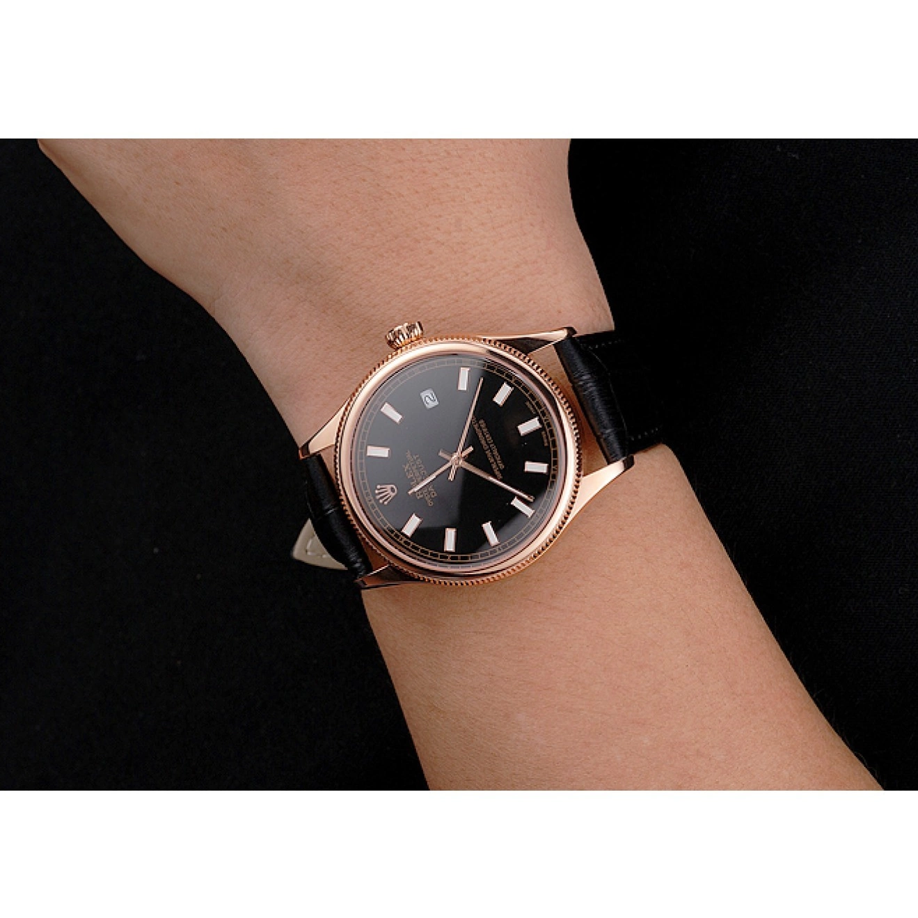 Best AAA Replica Sites Case Gold Rose Swiss Black Strap Black Rolex Dial Datejust Leather 0629
